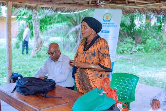 A woman addressing a Tanzania Women Chamber of Commerce stakeholder meeting in Tanga